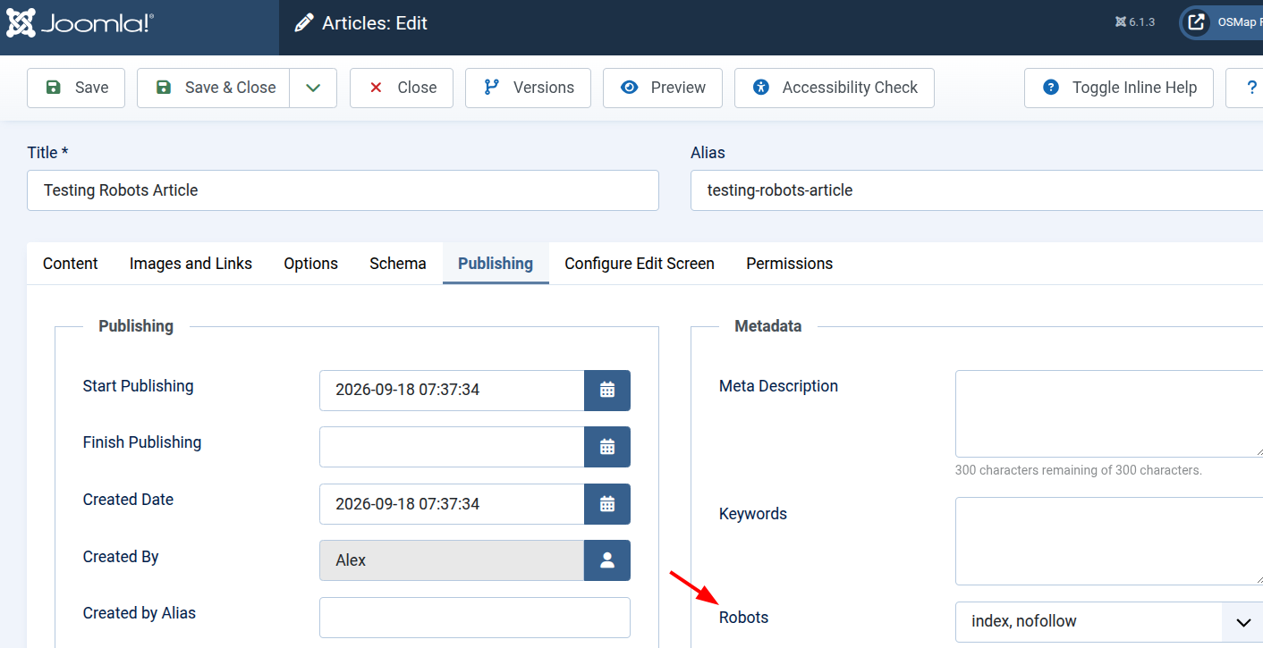 Screenshot showing the Robots setting in the Publishing tab of a Joomla article