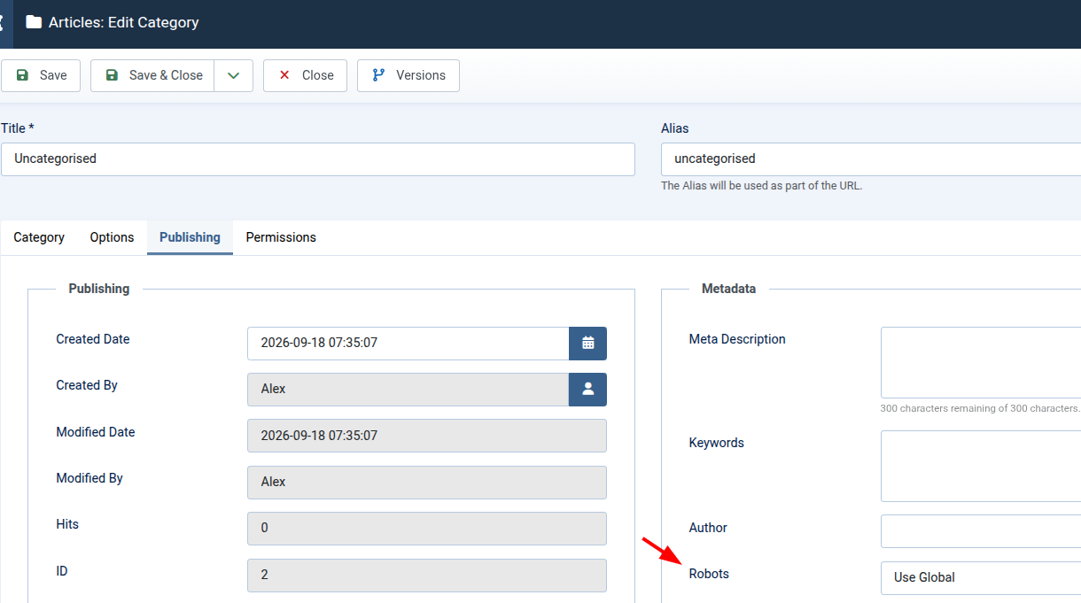 Screenshot showing the Robots setting for a Joomla category