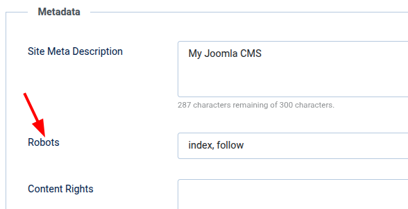 Screenshot showing System > Global Configuration > Site > Metadata > Robots