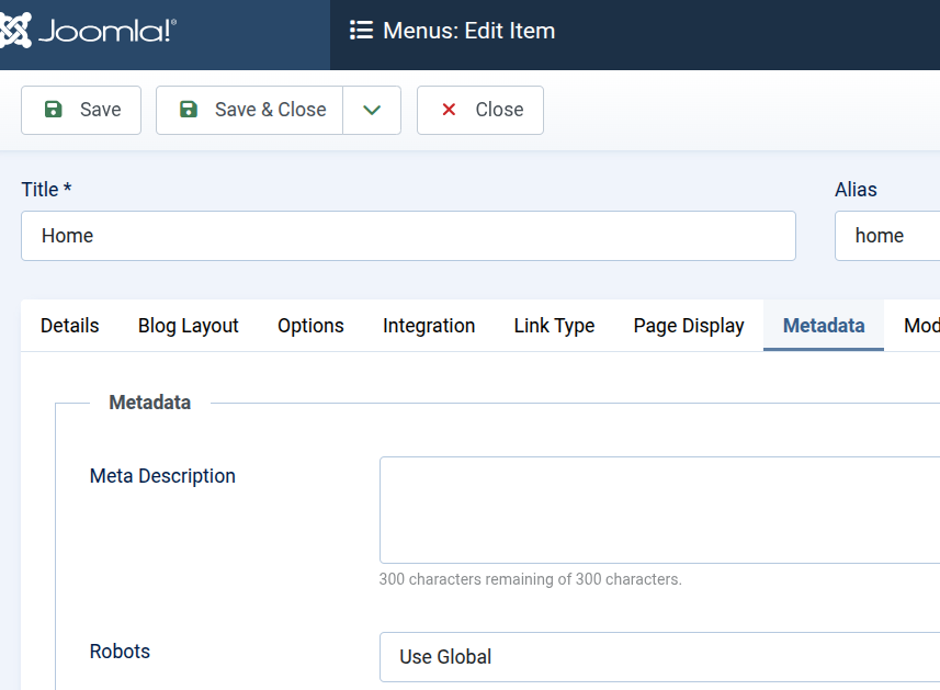 Screenshot showing the Robots setting in the Metadata tab of a Joomla menu item