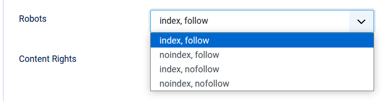 Screenshot showing the Joomla Robots dropdown with its available options