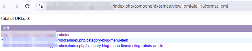 Screenshot of an OSMap XML sitemap showing the category and child article URLs