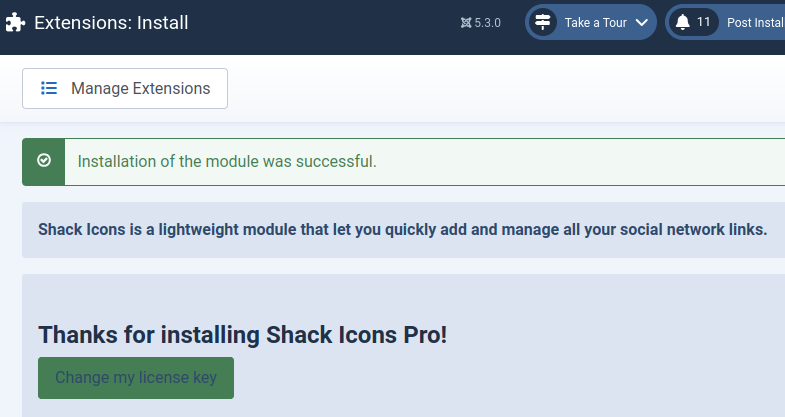 screen upon successful module installation