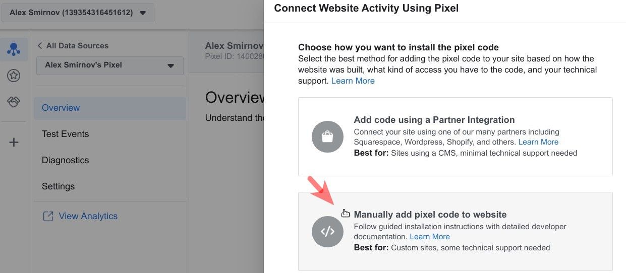click manually add pixel code to website