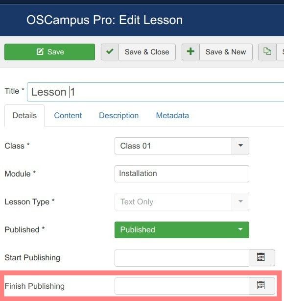 finish publishing setting for oscampus lessons