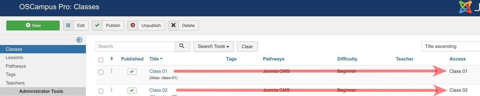 assign access levels to courses as required