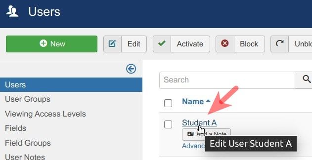 click the name of the required student