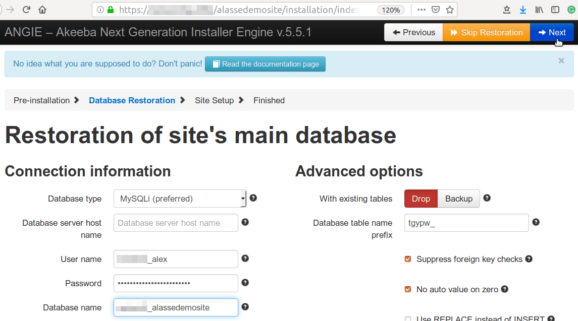 fill in database user fields and click next