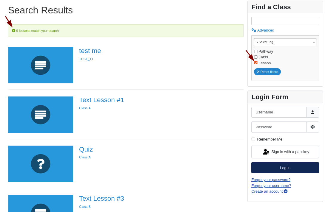the search results page with lessons