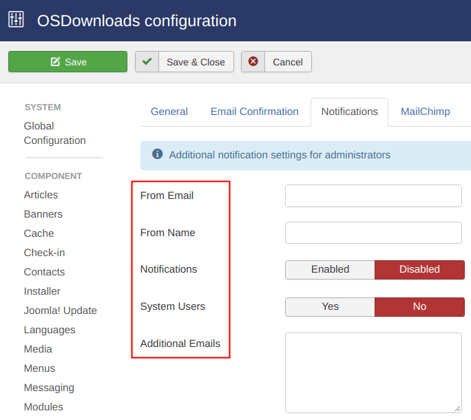 Five OSDownloads Pro email notifications settings