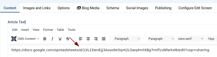 Google Sheet URL in a Joomla article