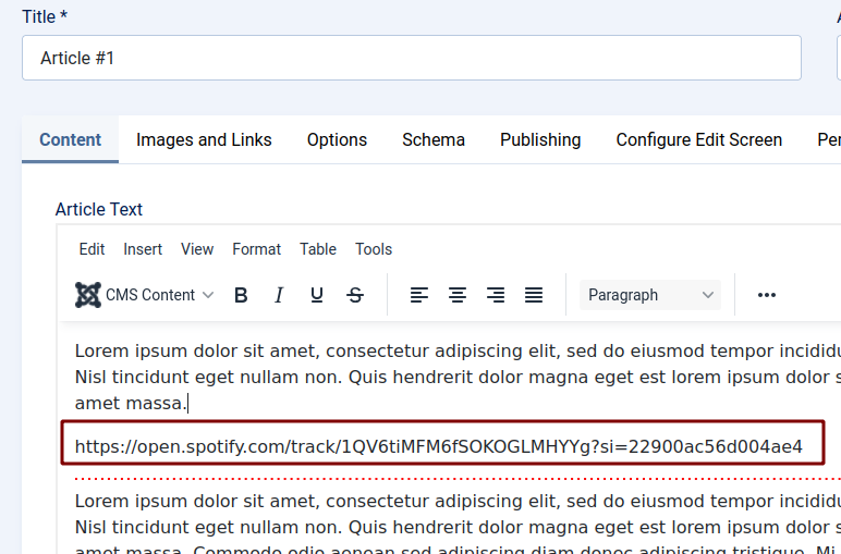 the spotify song url embedded in joomla article edit page