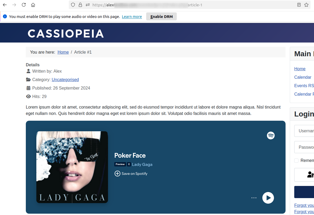 the spotify song url embedded in joomla article front end page