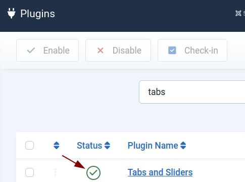 Screenshot showing the Tabs and Sliders plugin enabled in Joomla's plugin manager