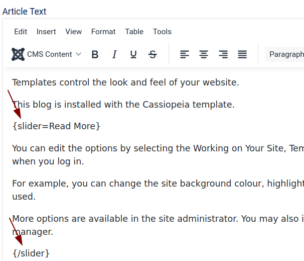 Screenshot showing the {slider} and {/slider} tags added to the article content