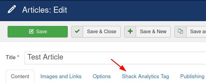the shack analytics tag tab on the articles edit screen