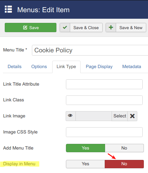 set the display in menu parameter to no