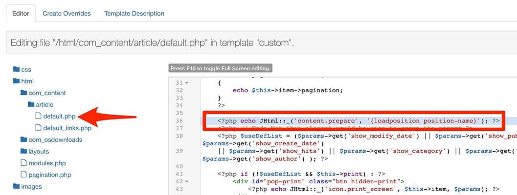 write the Joomla template override code