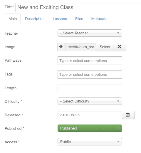 The new class creation page in OSCampus