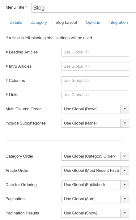 paginaton options for a JOomla menu