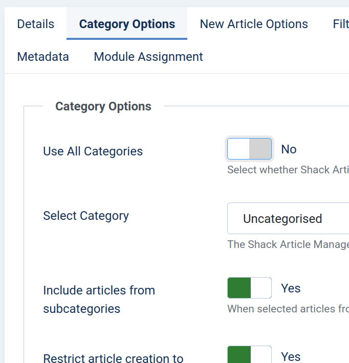 the category options
