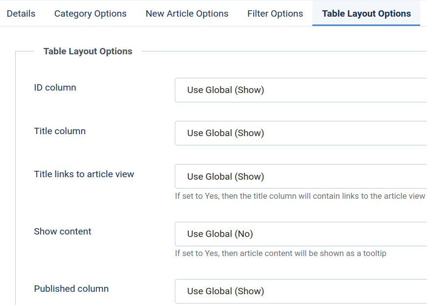 the table layout options