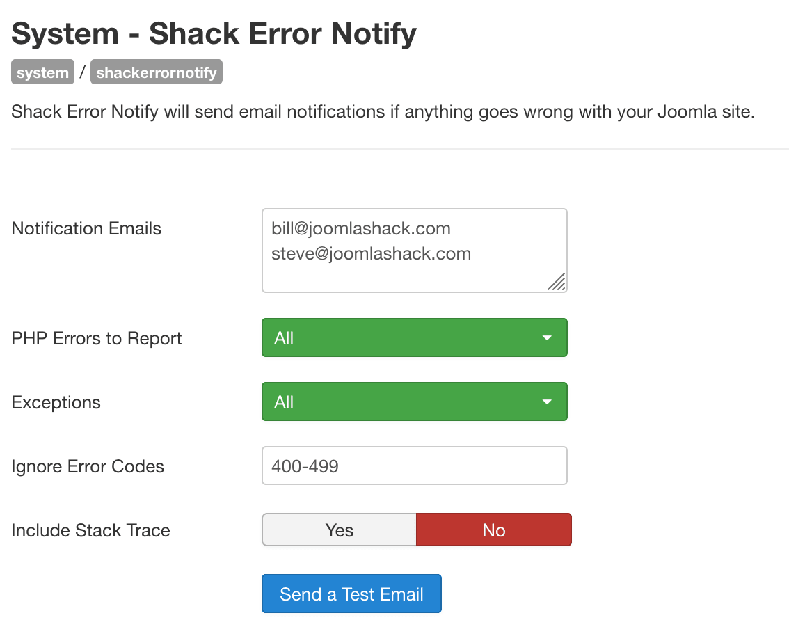 shack error notify settings