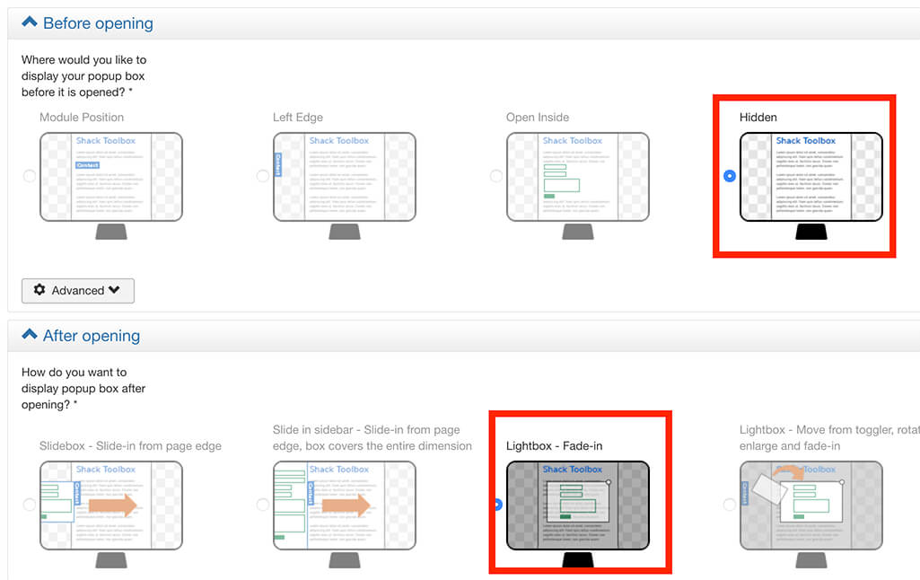shack toolbox auto open popup on page load