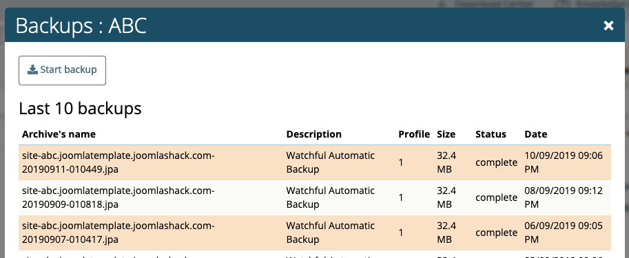 backup schedule in the Watchful dashboard