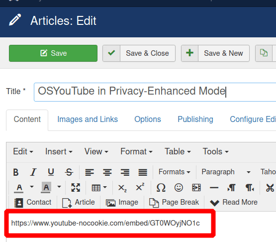 nocookie URL embedded in joomla 3