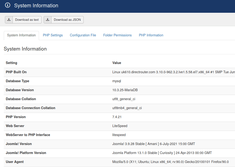 System Information for Joomla 3 site