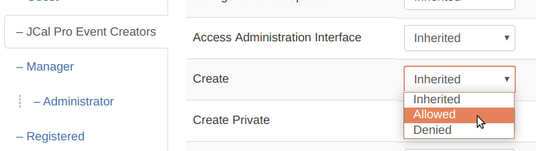 Assign to the user JCal Pro permission Create