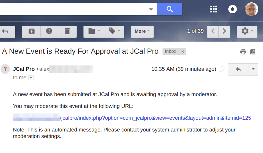 Administrator email notification body