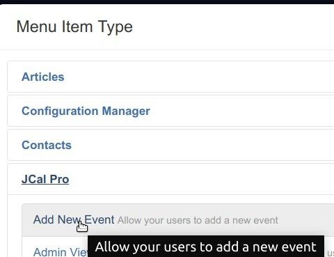 jcalpro menu item by the add new event type