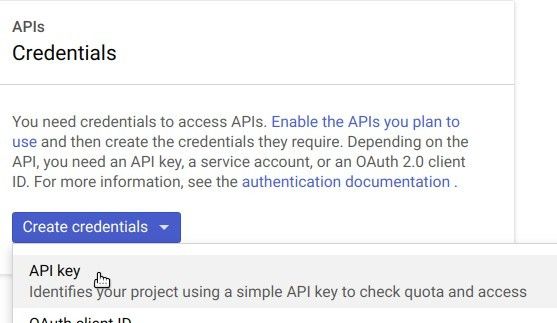 go to create credentials api key