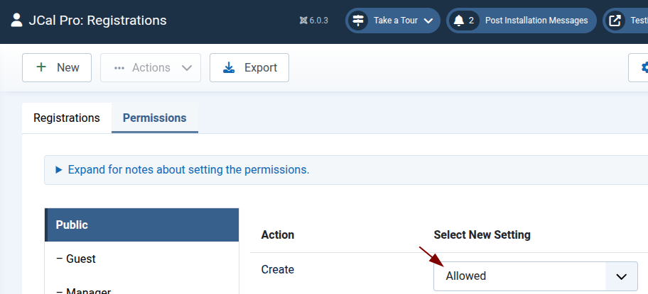 the create action set to allowed