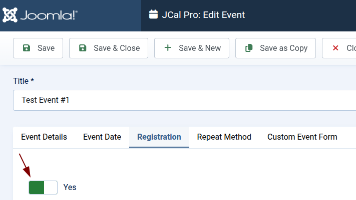the registration for an event set to yes