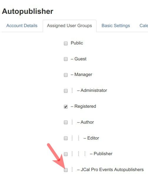 click on the jcalpro events autopublishers checkbox