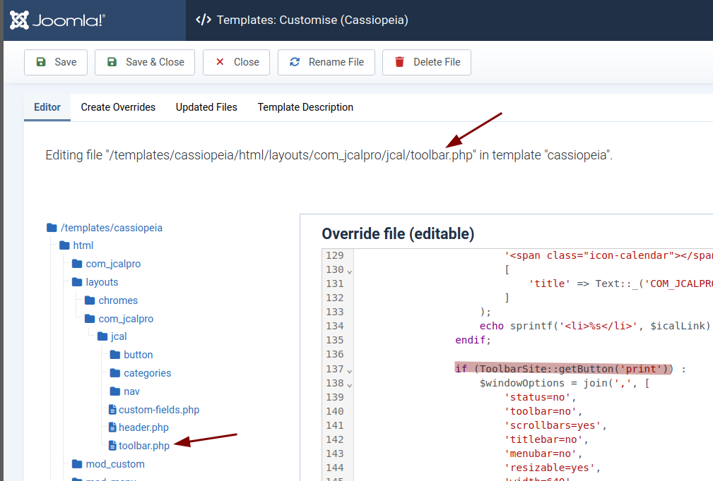 the toolbar php file link