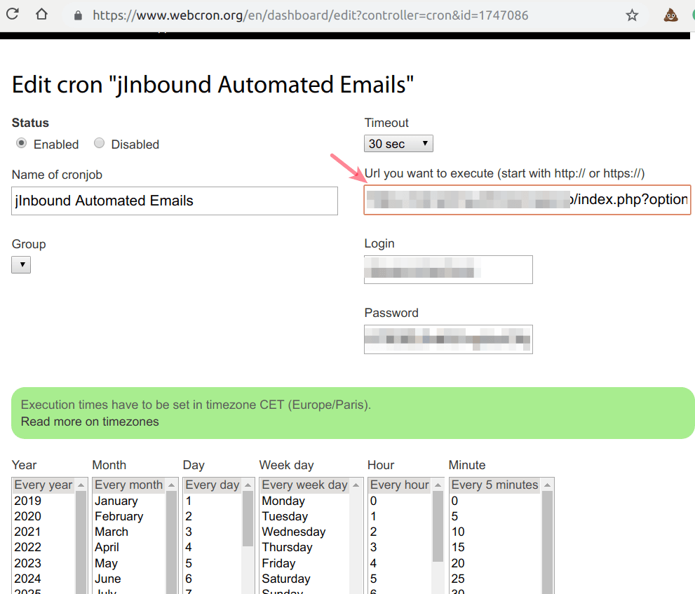 paste the cron url in your selected cron service account