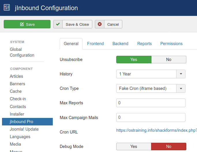 jInbound configuration page