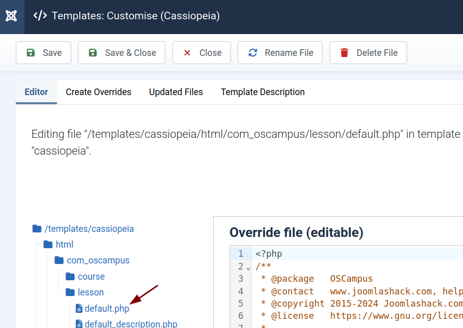 the default php file