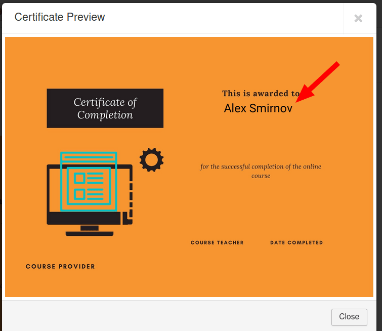 the student data on the custom certificate