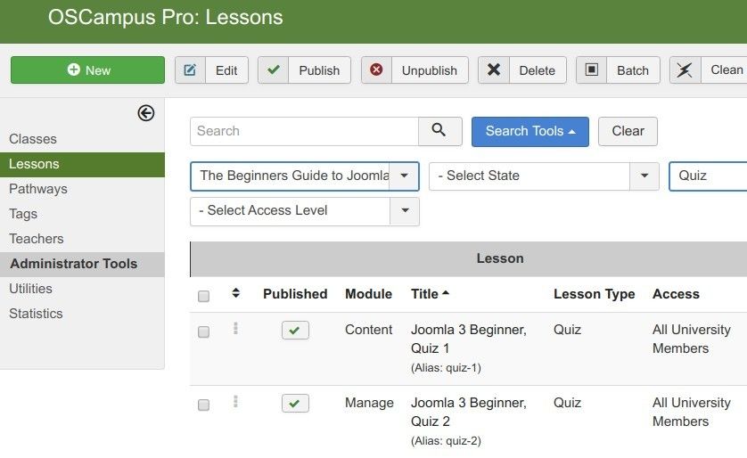 quizzes listed in the list of lessons