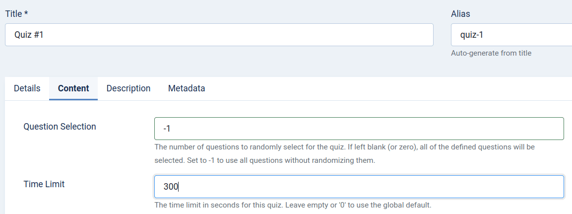 the time limit and question pool fields
