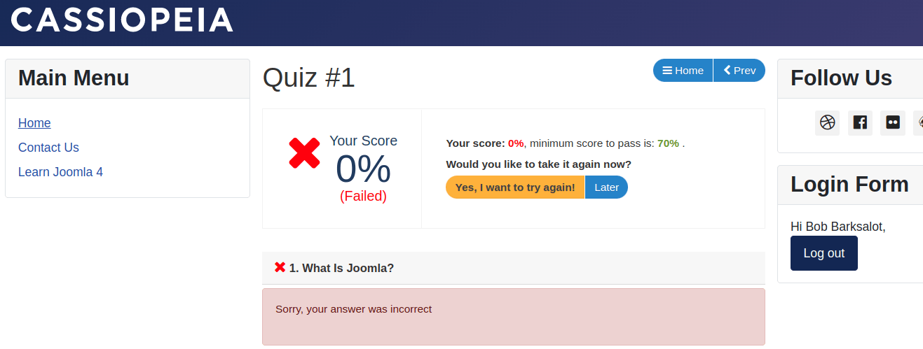 no correct answer on failed quiz page