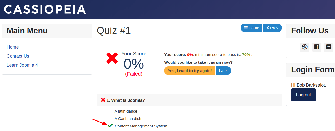 the failed quiz page with the correct answer displayed