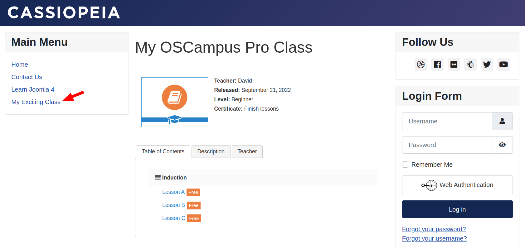 the class front end page