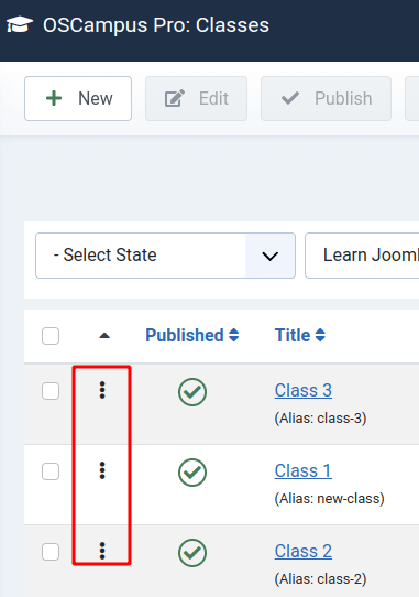 the icons with three vertical dots to drag classes to new order