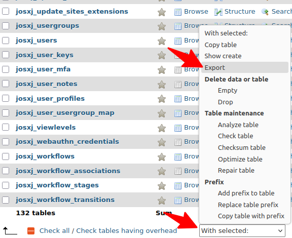 selected tables and export menu